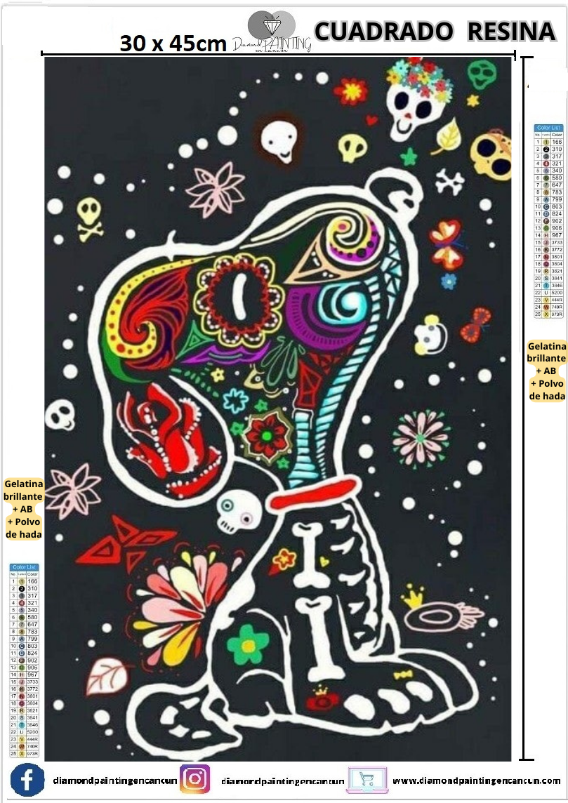 Snoopy catrin 30 x 45 Contiene DIAMANTES DE RESINA: GELATINA BRILLANTE EN LA OSCURIDAD, AB Y POLVO DE HADA