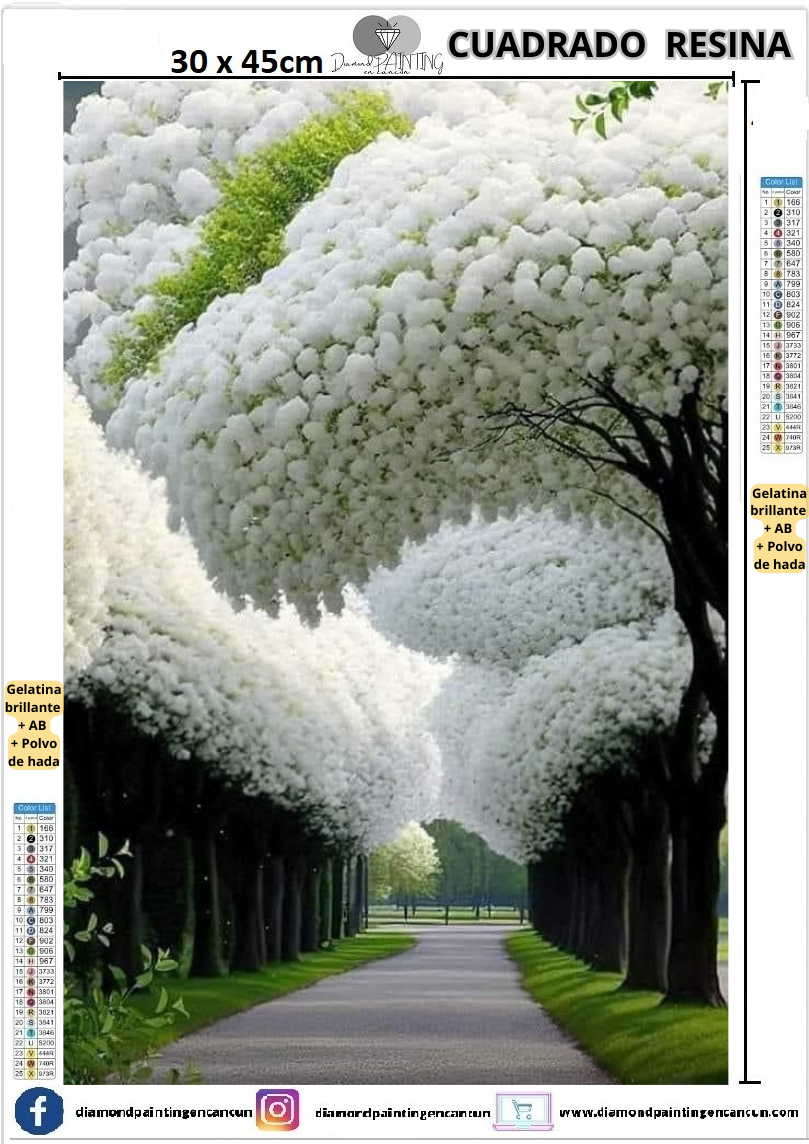 Árbol blanco 30 x 45 Contiene DIAMANTES DE RESINA: GELATINA BRILLANTE EN LA OSCURIDAD, AB Y POLVO DE HADA