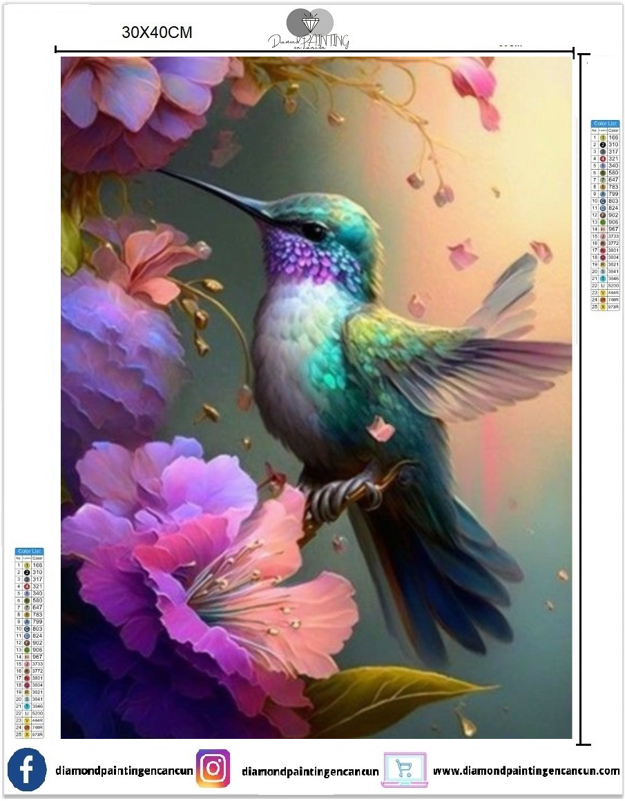 Colibrí 30 x 40 contiene DIAMANTE GELATINA BRILLANTE EN LA OSCURIDAD, AB Y POLVO DE HADA