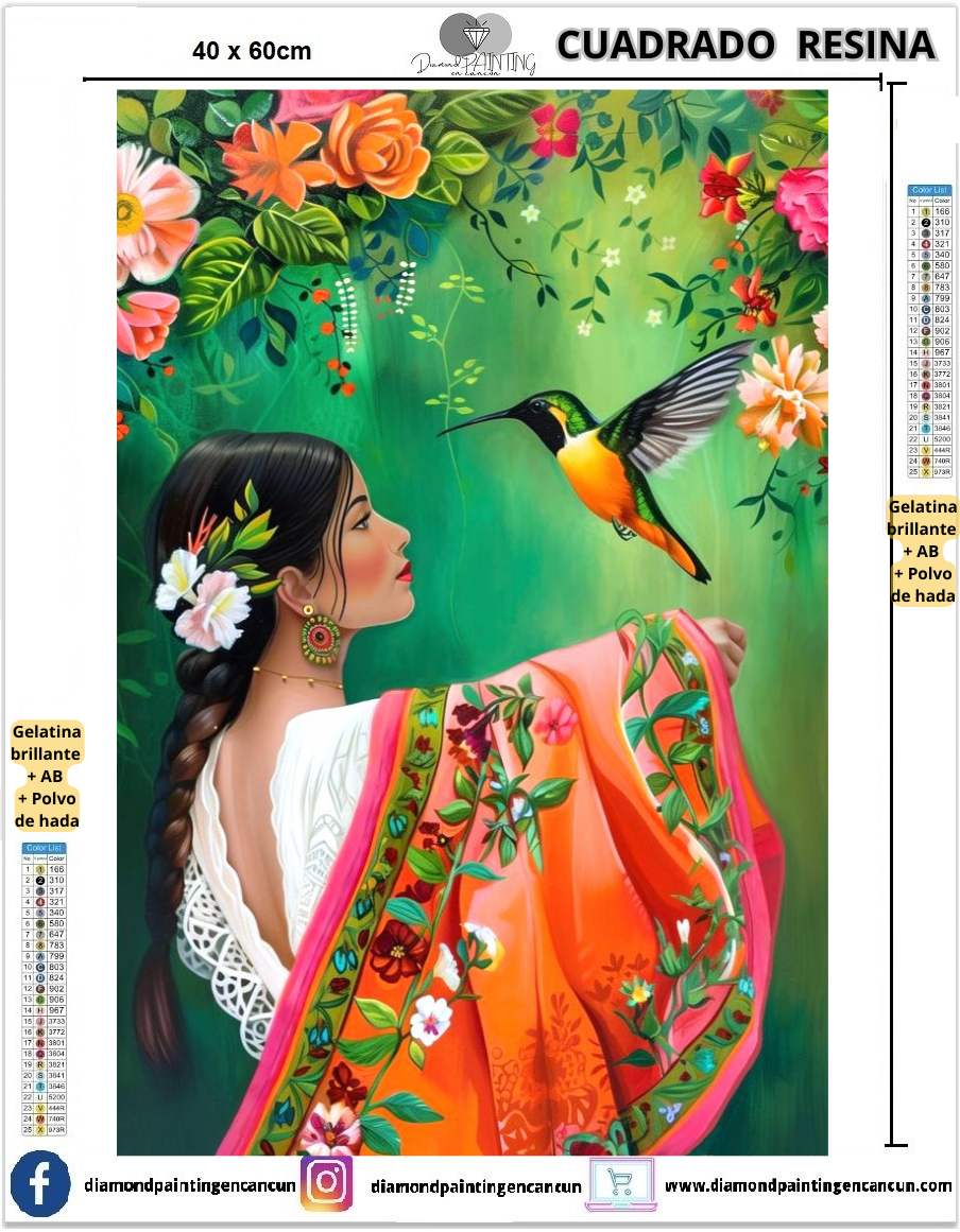 Chica con colibrí 40 x 60 Contiene DIAMANTES DE RESINA: GELATINA BRILLANTE EN LA OSCURIDAD, AB Y POLVO DE HADA