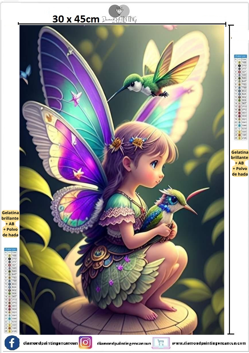 Hada con colibríes 30 x 45 contiene Diamante gelatina brillante en la oscuridad, ab y polvo de hada