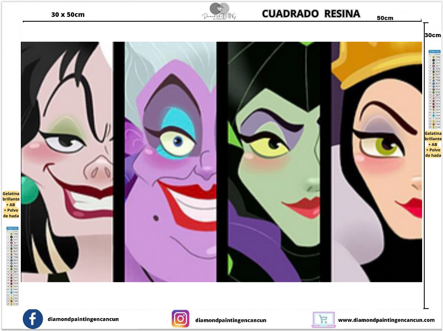 Villanas 30 x 50 Contiene DIAMANTES DE RESINA: GELATINA BRILLANTE EN LA OSCURIDAD, AB Y POLVO DE HADA