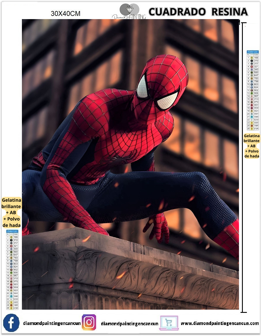 Spiderman 30 x 40 Contiene DIAMANTES DE RESINA: GELATINA BRILLANTE EN LA OSCURIDAD, AB Y POLVO DE HADA