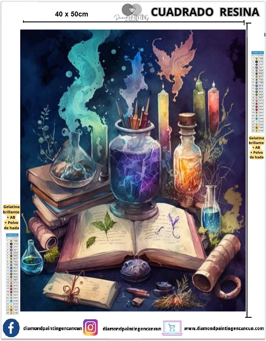 Pociones 40 x 50 Contiene DIAMANTES DE RESINA: GELATINA BRILLANTE EN LA OSCURIDAD, AB Y POLVO DE HADA