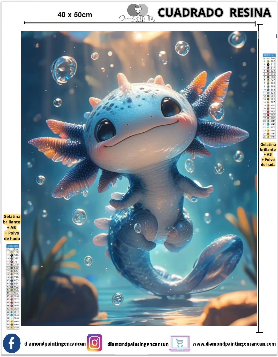 Ajolote azul 40 x 50 Contiene DIAMANTES DE RESINA: GELATINA BRILLANTE EN LA OSCURIDAD, AB Y POLVO DE HADA