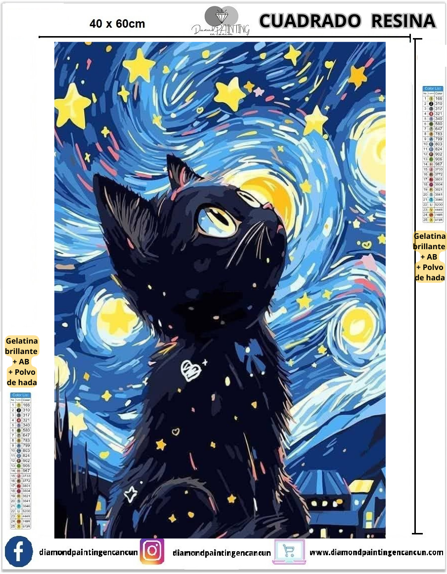 Gatito noche 40 x 60 Contiene DIAMANTES DE RESINA: GELATINA BRILLANTE EN LA OSCURIDAD, AB Y POLVO DE HADA