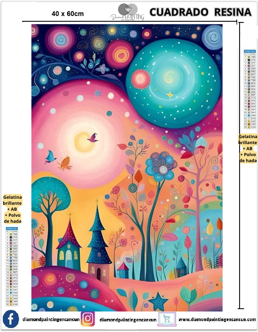Paisaje 40 x 60 Contiene DIAMANTES DE RESINA: GELATINA BRILLANTE EN LA OSCURIDAD, AB Y POLVO DE HADA