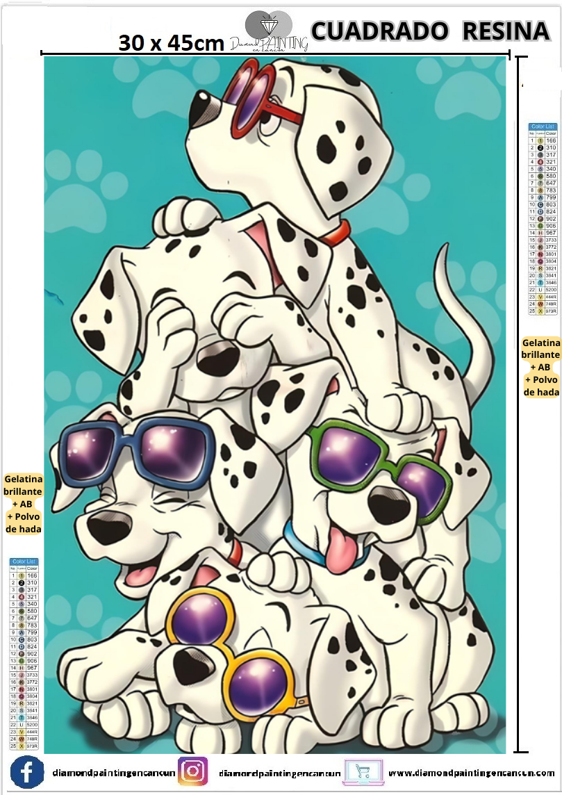 Dalmatas 30 x 45 Contiene DIAMANTES DE RESINA: GELATINA BRILLANTE EN LA OSCURIDAD, AB Y POLVO DE HADA
