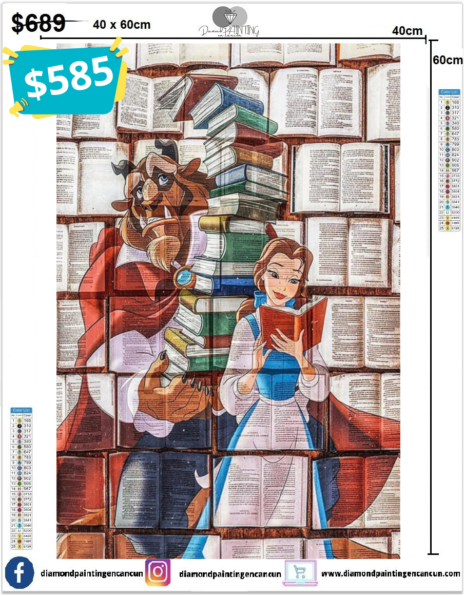 Bella y Bestia biblioteca 40 x 60 contiene Diamantes AB y Polvo de hada