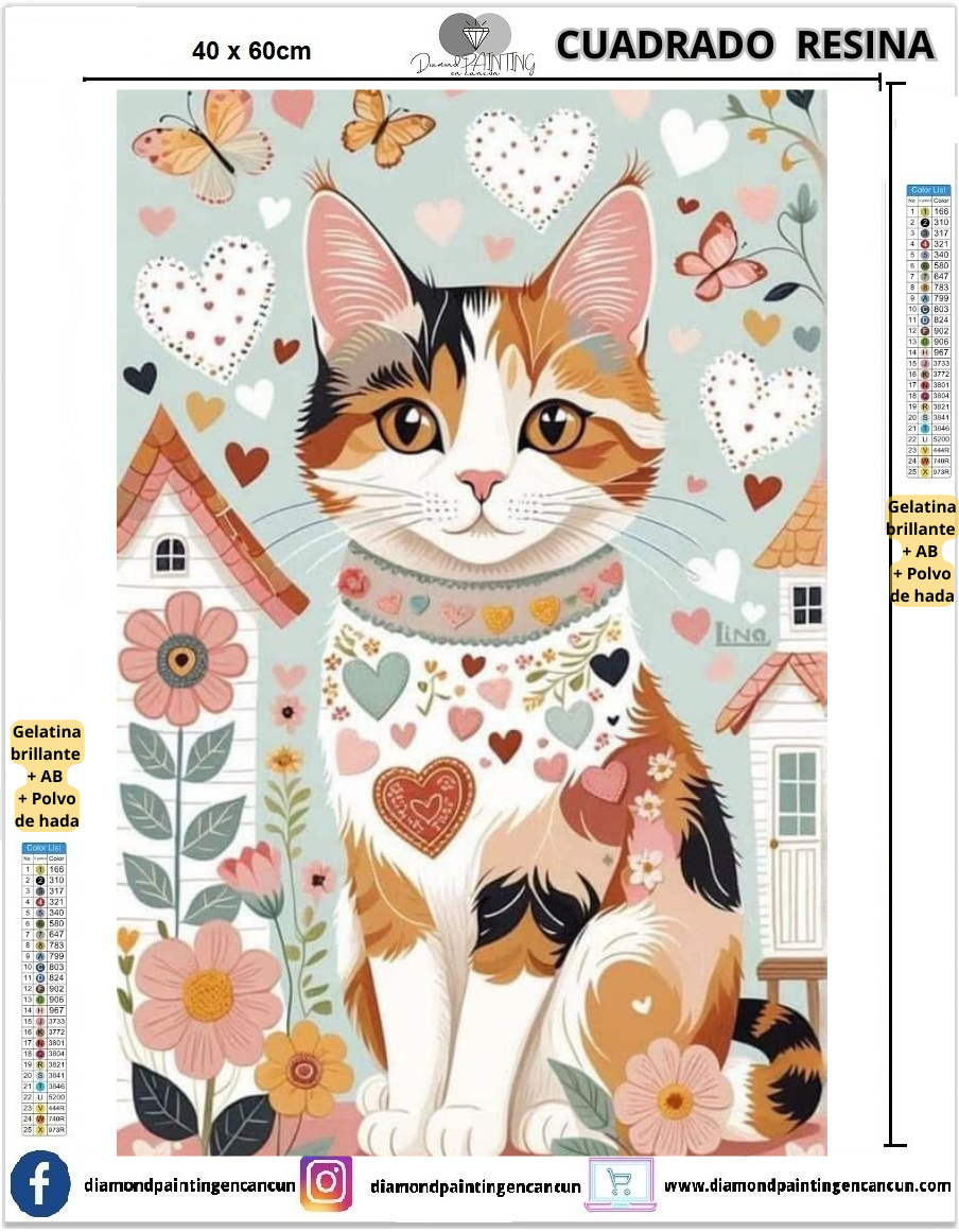 Gatito 40 x 60 Contiene DIAMANTES DE RESINA: GELATINA BRILLANTE EN LA OSCURIDAD, AB Y POLVO DE HADA