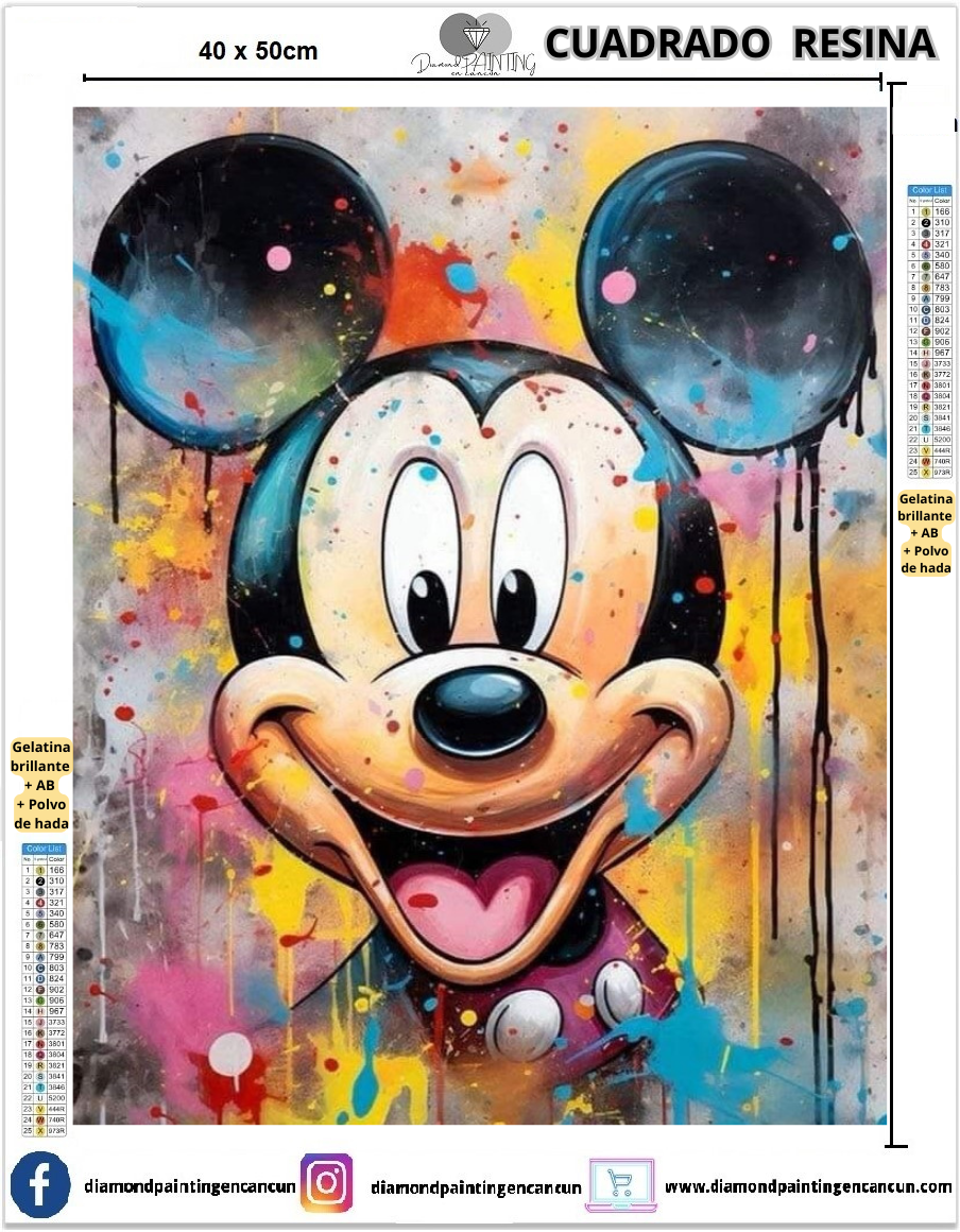 Mickey colores 40 x 50 Contiene DIAMANTES DE RESINA: GELATINA BRILLANTE EN LA OSCURIDAD, AB Y POLVO DE HADA