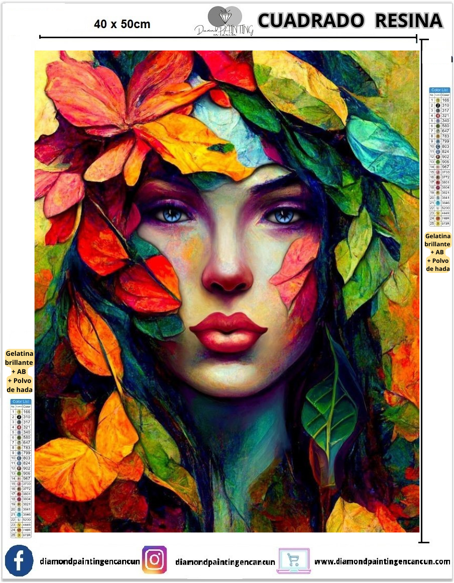 Chica hojas 40 x 50 Contiene DIAMANTES DE RESINA: GELATINA BRILLANTE EN LA OSCURIDAD, AB Y POLVO DE HADA