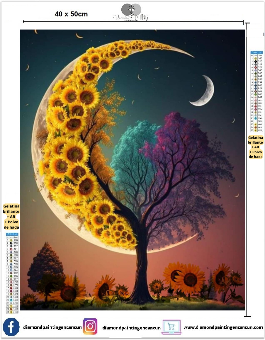 Árbol con luna 40 x 50 contiene DIAMANTES GELATINA BRILLANTE EN LA OSCURIDAD, AB Y POLVO DE HADA