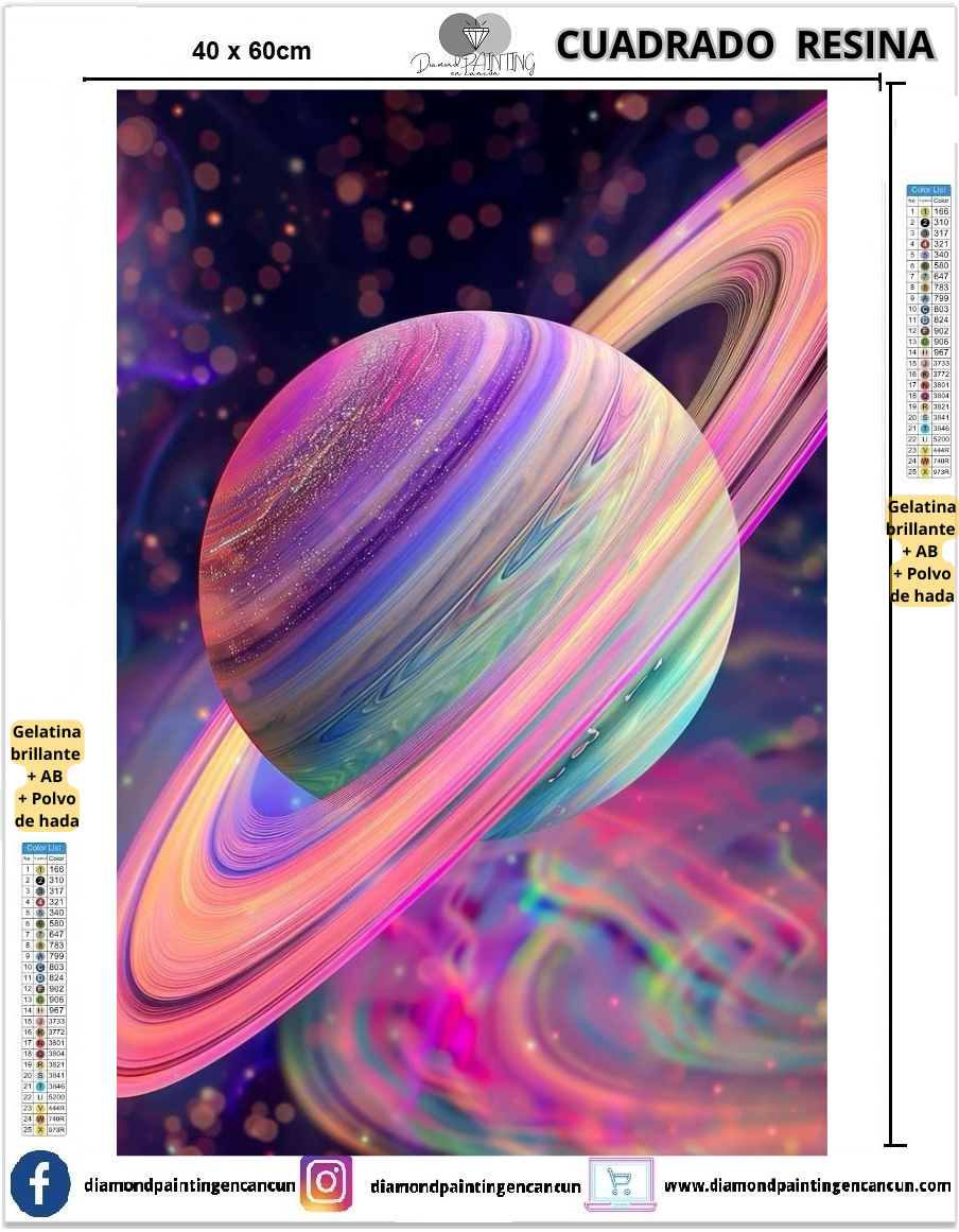 Planeta 40 x 60 Contiene DIAMANTES DE RESINA: GELATINA BRILLANTE EN LA OSCURIDAD, AB Y POLVO DE HADA