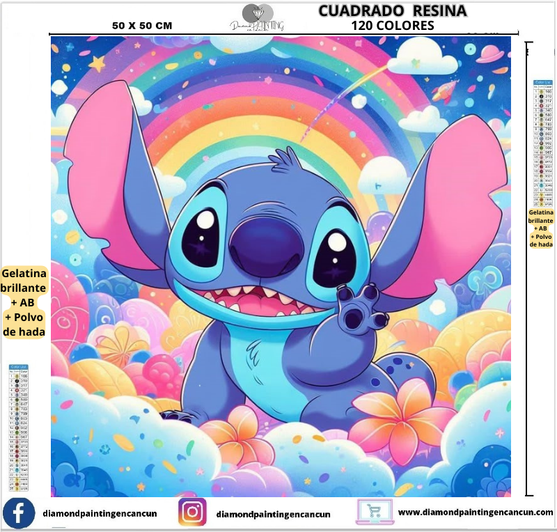 Stitch 50 x 50 Contiene DIAMANTES DE RESINA 120 COLORES: GELATINA BRILLANTE EN LA OSCURIDAD, AB Y POLVO DE HADA