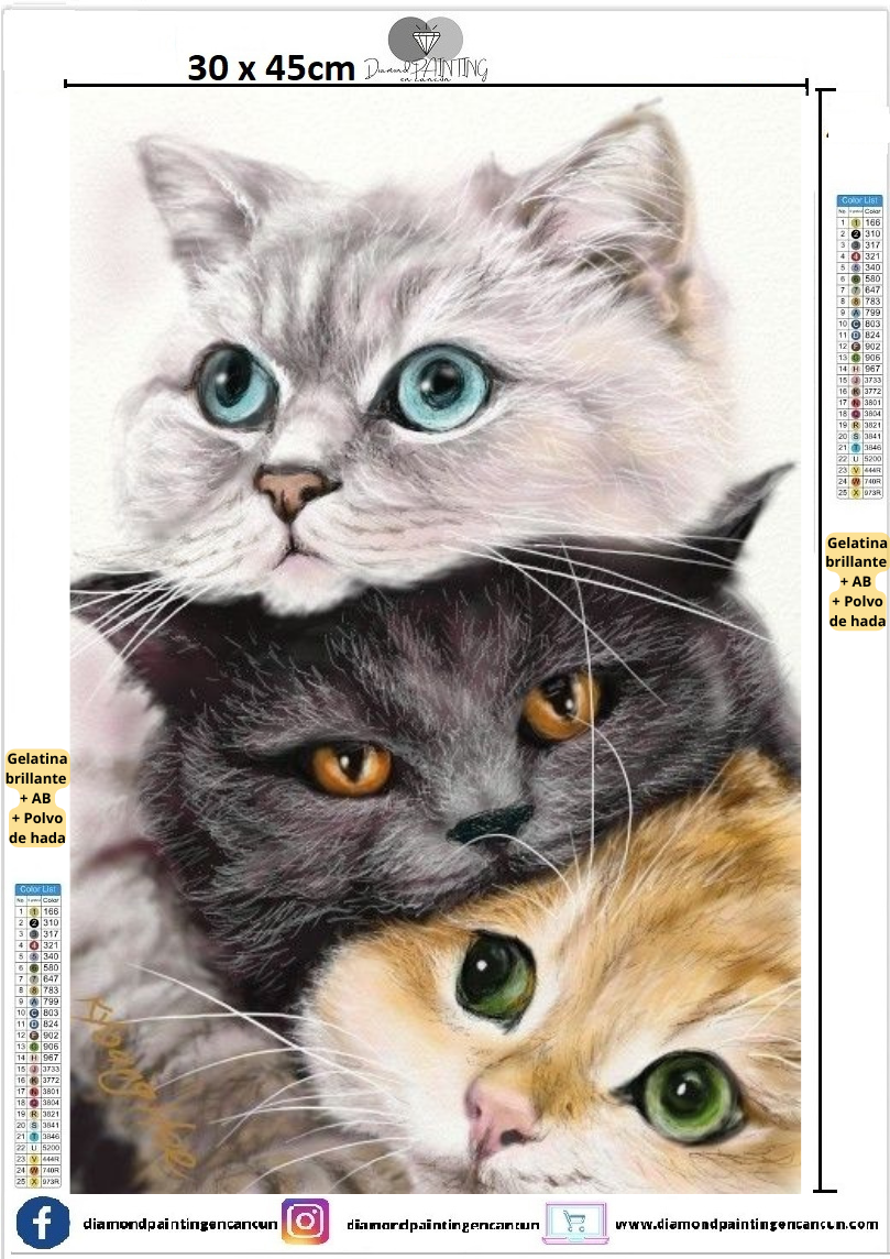 Gatitos 30 x 45 contiene DIAMANTES GELATINA BRILLANTE EN LA OSCURIDAD, AB Y POLVO DE HADA