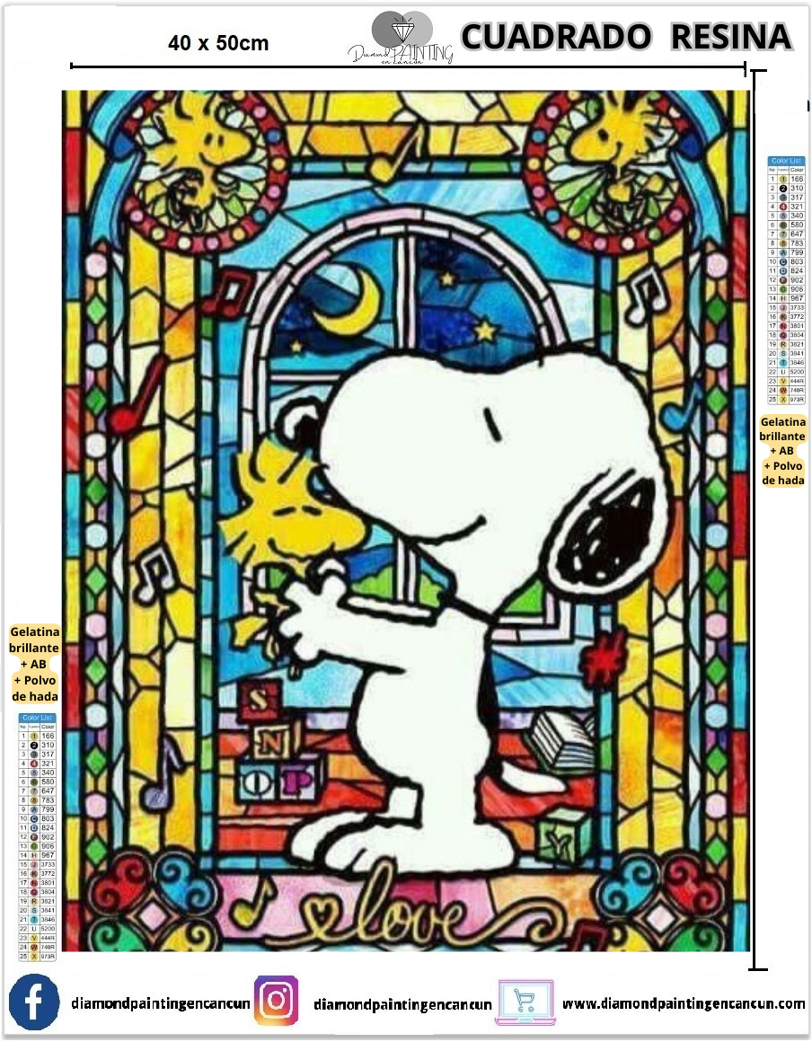Snoopy vitral 40 x 50Contiene DIAMANTES DE RESINA: GELATINA BRILLANTE EN LA OSCURIDAD, AB Y POLVO DE HADA