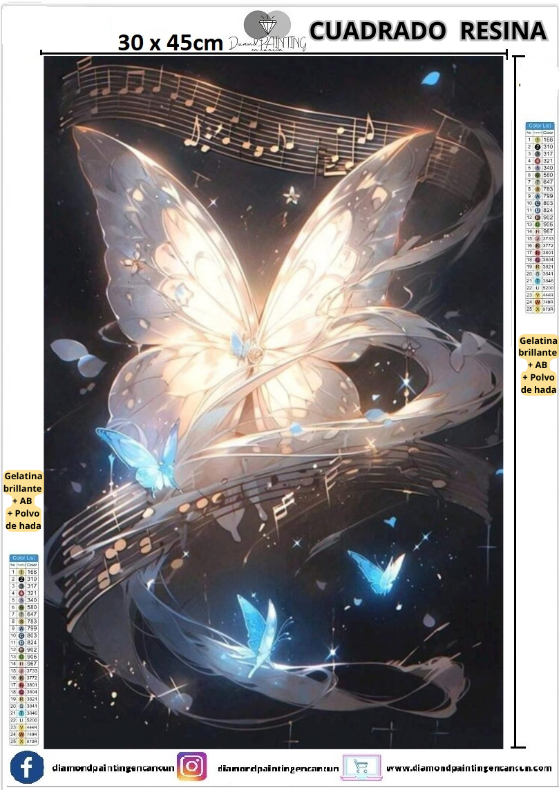Mariposa blanca 30 x 45 Contiene DIAMANTES DE RESINA: GELATINA BRILLANTE EN LA OSCURIDAD, AB Y POLVO DE HADA