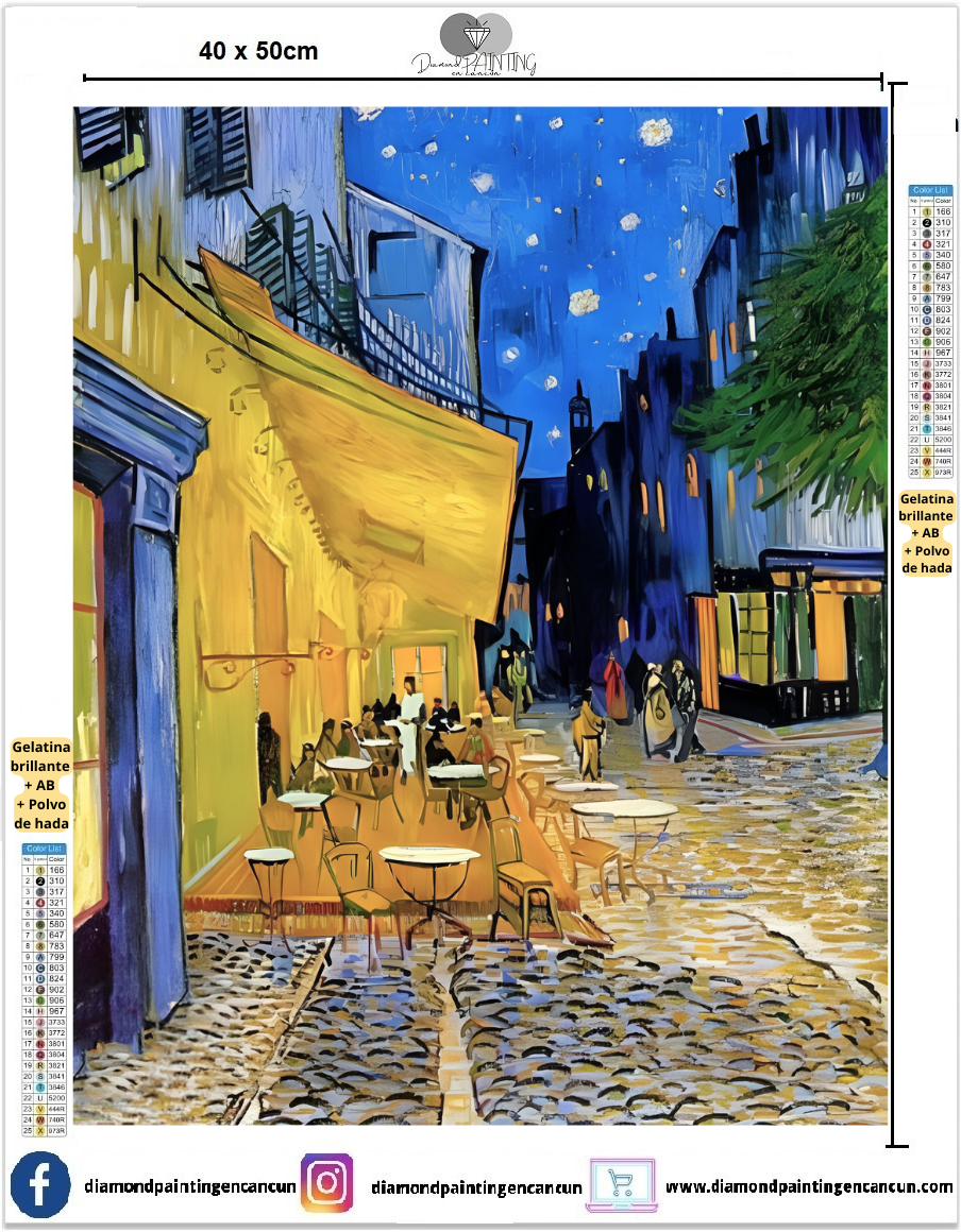 Cafetería Van Gogh 40 x 50 contiene Diamantes GELATINA BRILLANTE EN LA OSCURIDAD, AB Y POLVO DE HADA