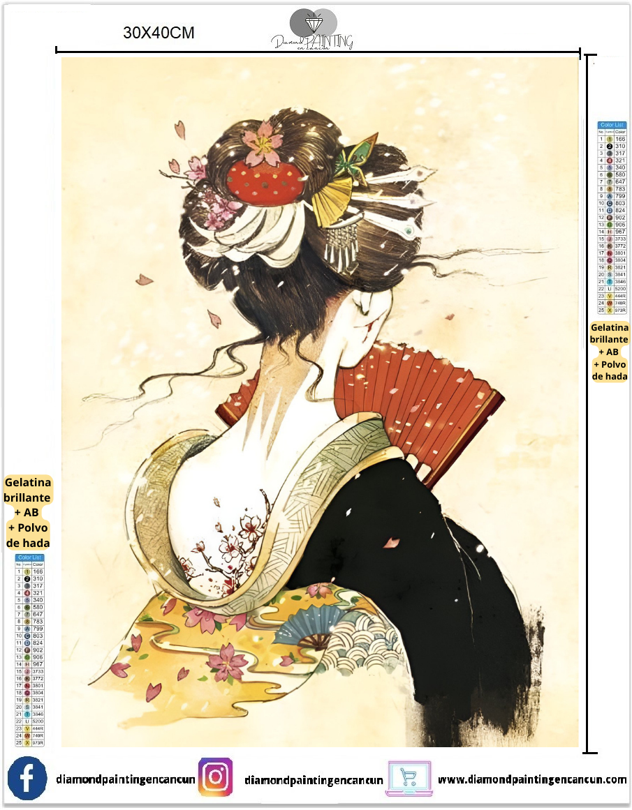 Geisha 30 x 40cm contiene DIAMANTES GELATINA, AB Y POLVO DE HADA