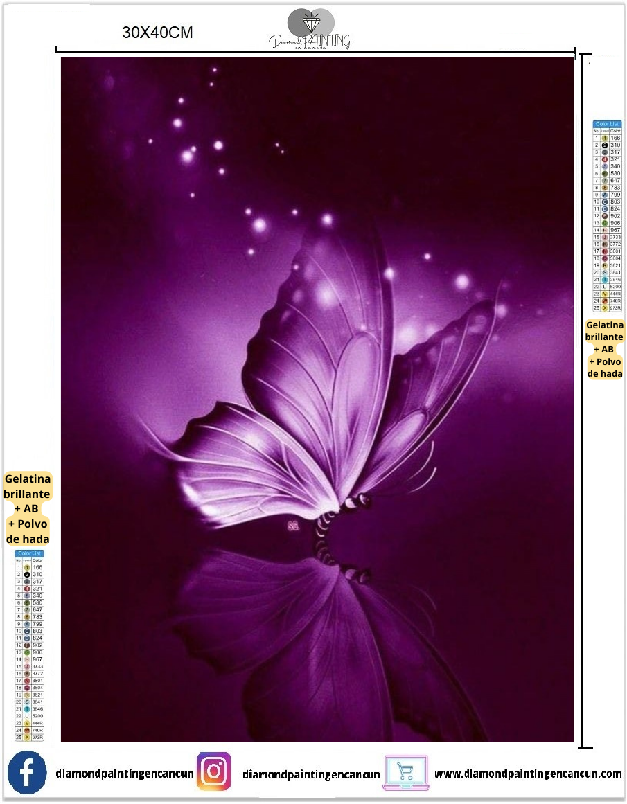 Mariposa morada 30 x 40cm contiene DIAMANTES GELATINA, AB Y POLVO DE HADA
