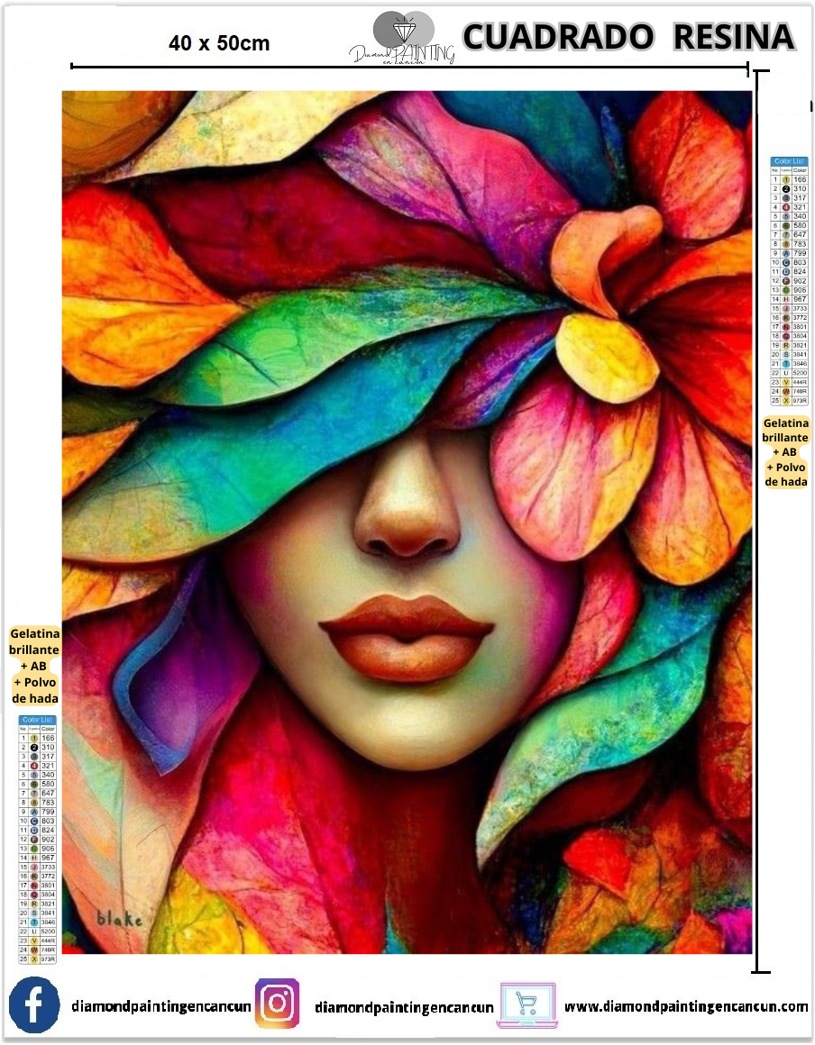 Chica Hojas 40 x 50 Contiene DIAMANTES DE RESINA: GELATINA BRILLANTE EN LA OSCURIDAD, AB Y POLVO DE HADA