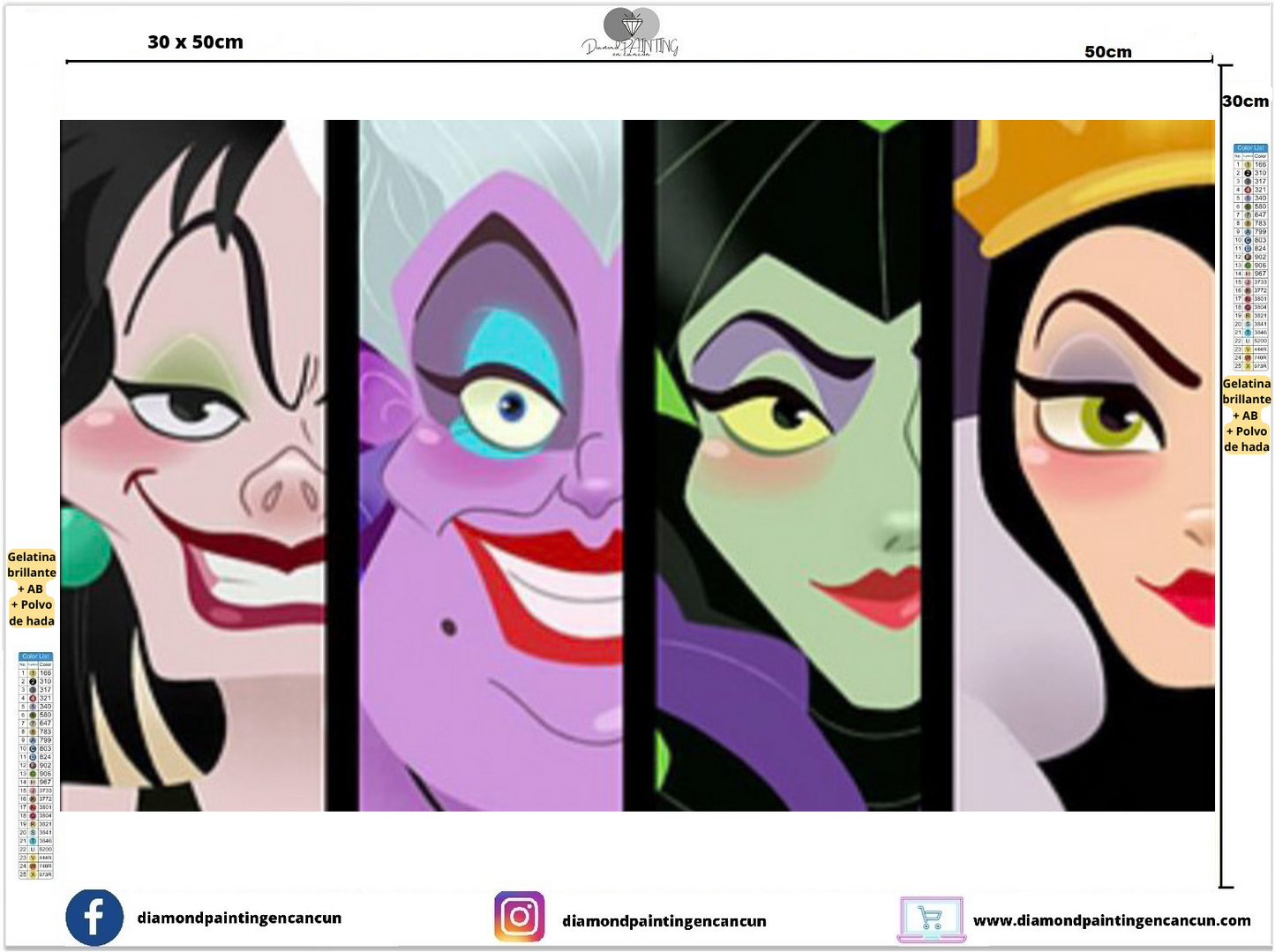 Villanas Disney 30 x 50 contiene DIAMANTES GELATINA BRILLANTE EN LA OSCURIDAD, AB Y POLVO DE HADA