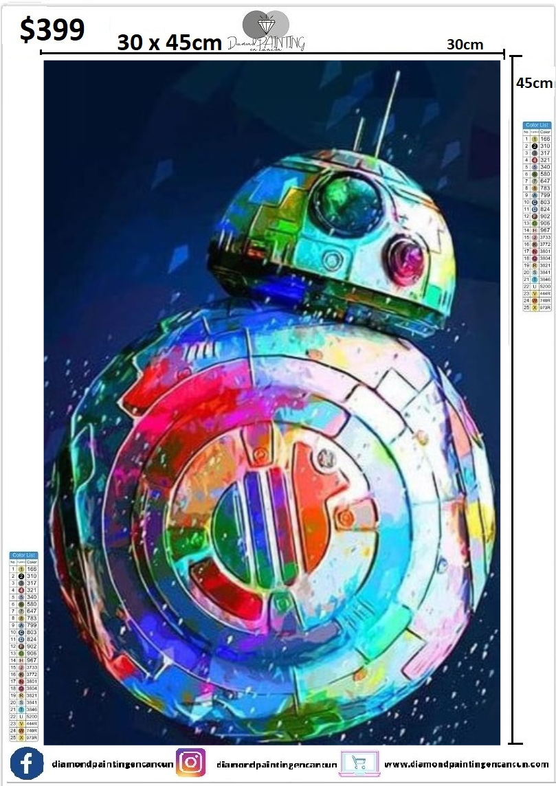 BB8 30 x 45 contiene DIAMANTE GELATINA BRILLANTE EN LA OSCURIDAD, AB Y POLVO DE HADA