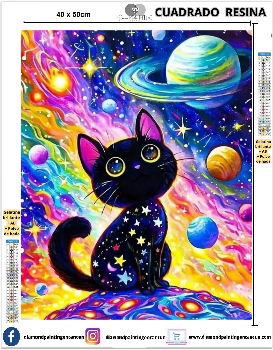 Gatito planetas 40 x 50 Contiene DIAMANTES DE RESINA: GELATINA BRILLANTE EN LA OSCURIDAD, AB Y POLVO DE HADA