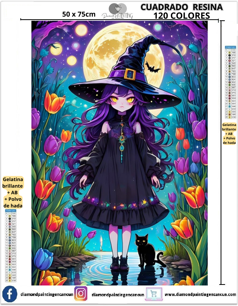Brujita con luna 50 x 75 Contiene 120 DIAMANTES DE RESINA: GELATINA BRILLANTE EN LA OSCURIDAD, AB Y POLVO DE HADA