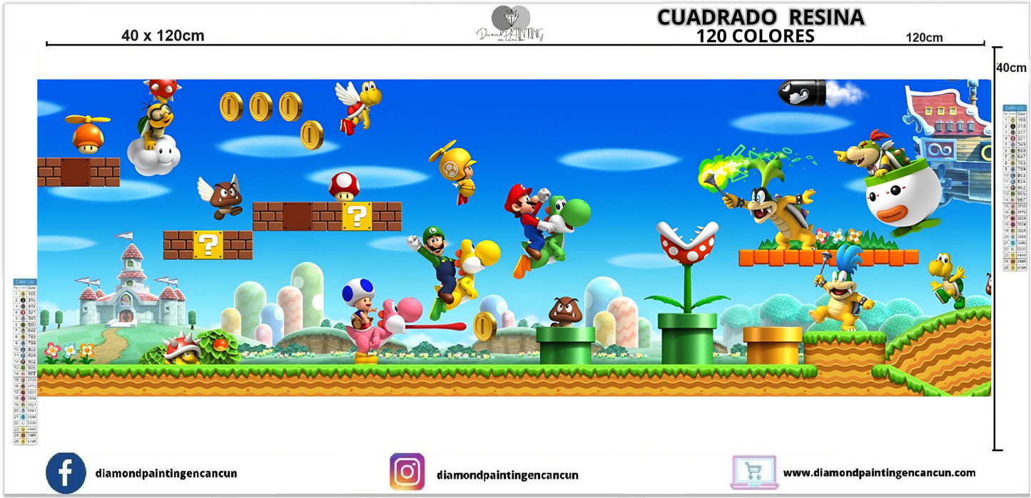 Mario 40 x 120 Contiene 120 DIAMANTES DE RESINA: GELATINA BRILLANTE EN LA OSCURIDAD, AB Y POLVO DE HADA