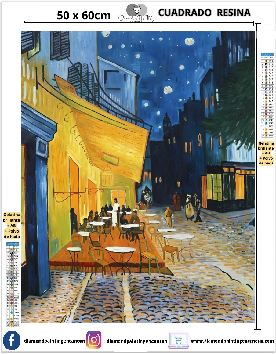 Terraza Van Gogh 50 x 60 Contiene DIAMANTES DE RESINA: GELATINA BRILLANTE EN LA OSCURIDAD, AB Y POLVO DE HADA