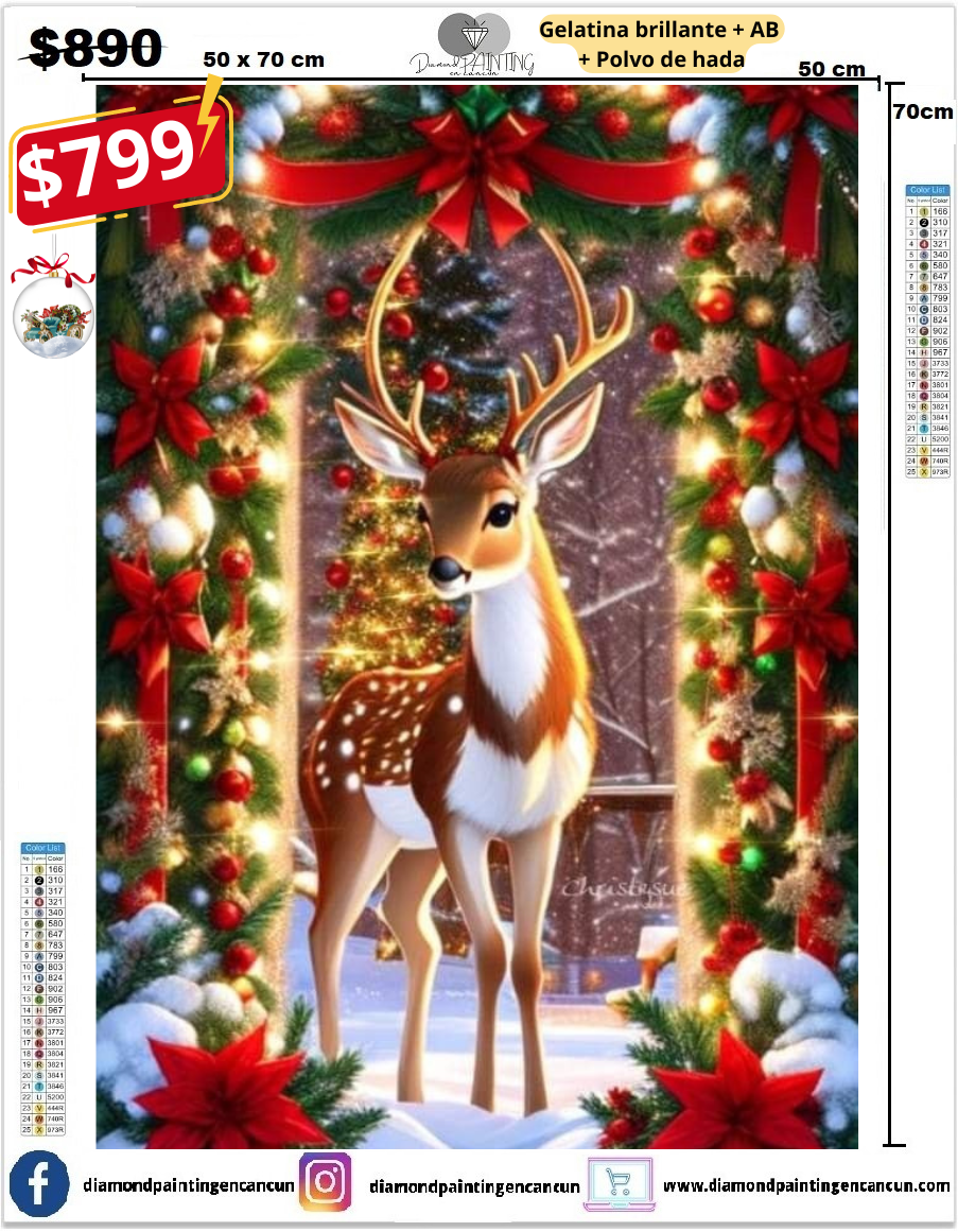 Venado navideño 50 x 70 contiene Diamante gelatina brillante en la oscuridad, ab y polvo de hada