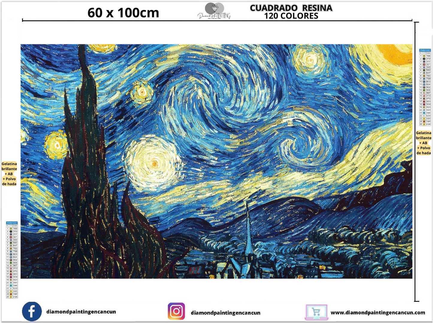 Noche estrellada 60 x 100 Contiene DIAMANTES DE RESINA 120 COLORES: GELATINA BRILLANTE EN LA OSCURIDAD, AB Y POLVO DE HADA