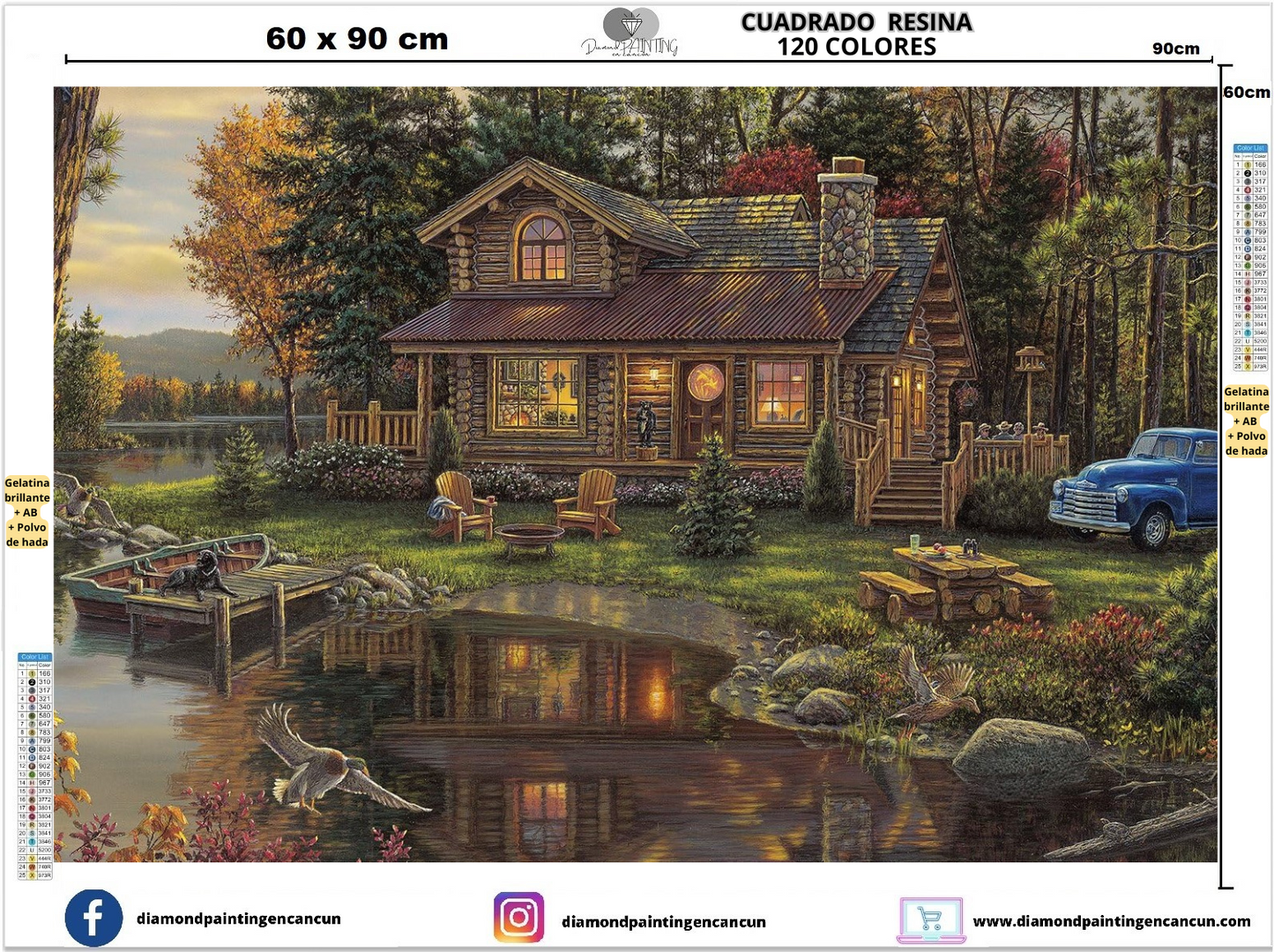 Paisaje cabaña 60 x 90 Contiene 120 DIAMANTES DE RESINA: GELATINA BRILLANTE EN LA OSCURIDAD, AB Y POLVO DE HADA