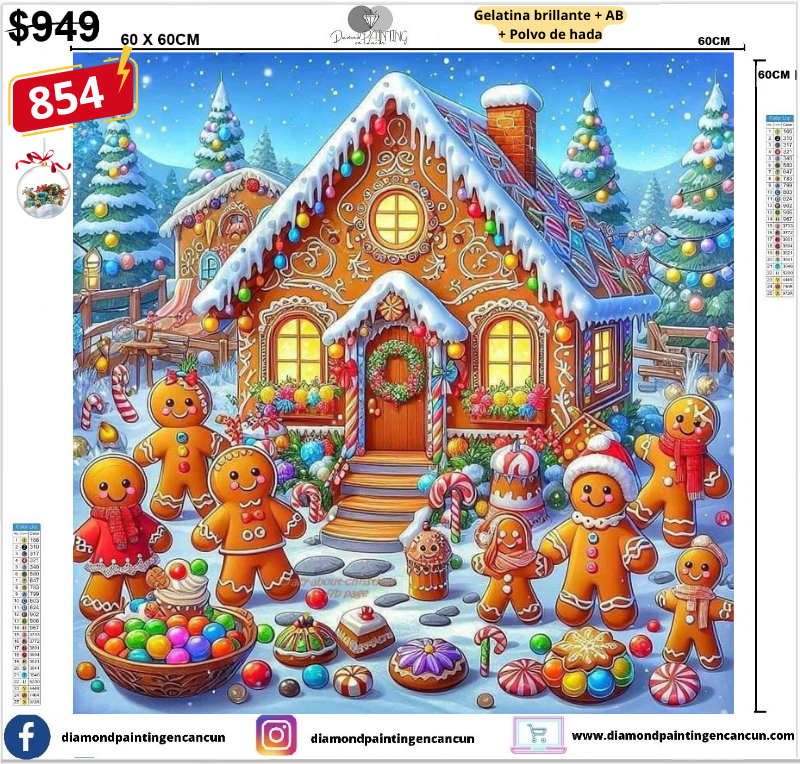 Casa de jengibre 60 x 60 contiene Diamante gelatina brillante en la oscuridad, ab y polvo de hada