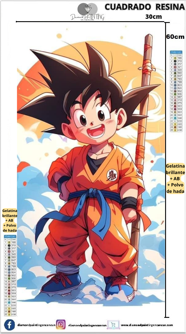 Goku 30 x 60 Contiene DIAMANTES DE RESINA: GELATINA BRILLANTE EN LA OSCURIDAD, AB Y POLVO DE HADA