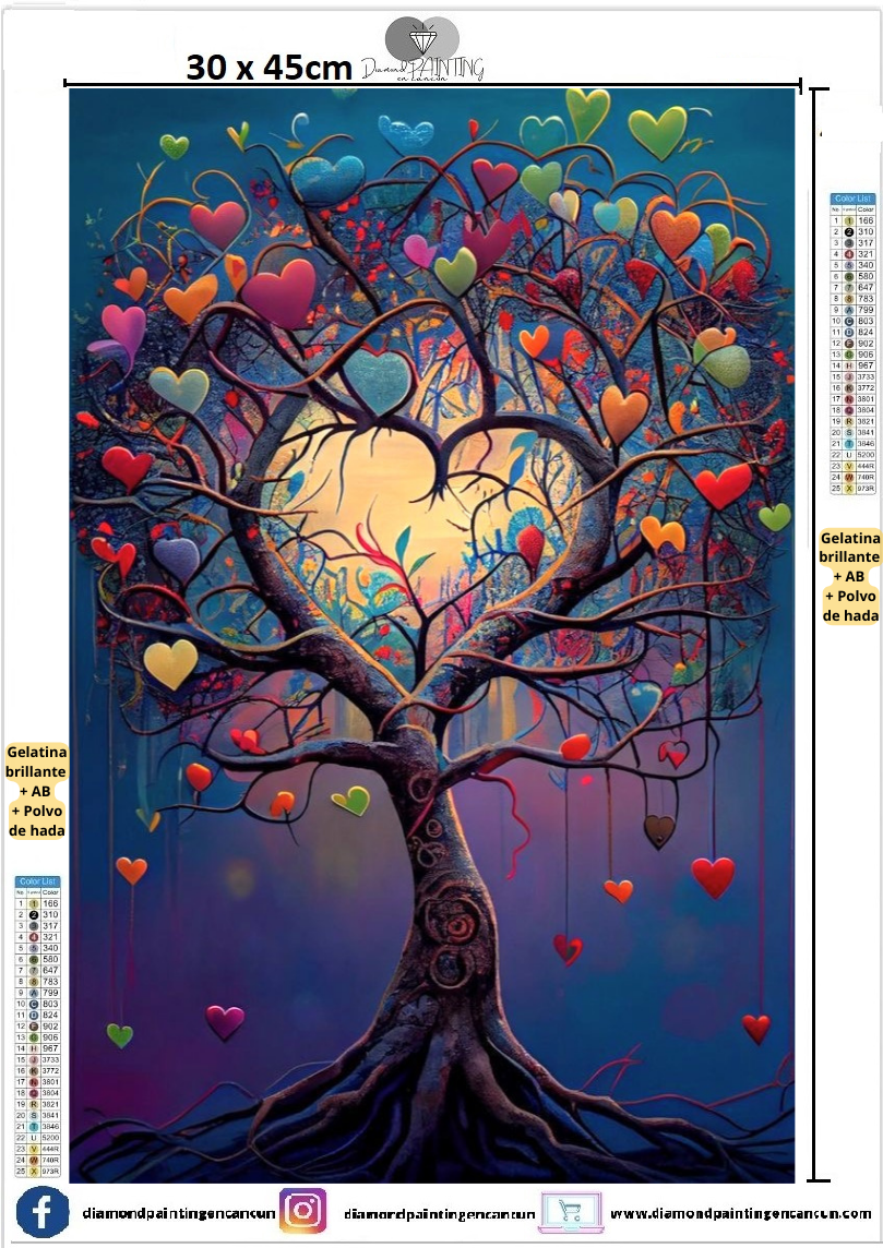 Árbol corazones 30 x 45 contiene DIAMANTE GELATINA BRILLANTE EN LA OSCURIDAD, AB Y POLVO DE HADA
