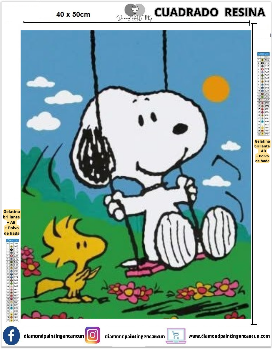 Snoopy columpio 40 x 50 Contiene DIAMANTES DE RESINA: GELATINA BRILLANTE EN LA OSCURIDAD, AB Y POLVO DE HADA