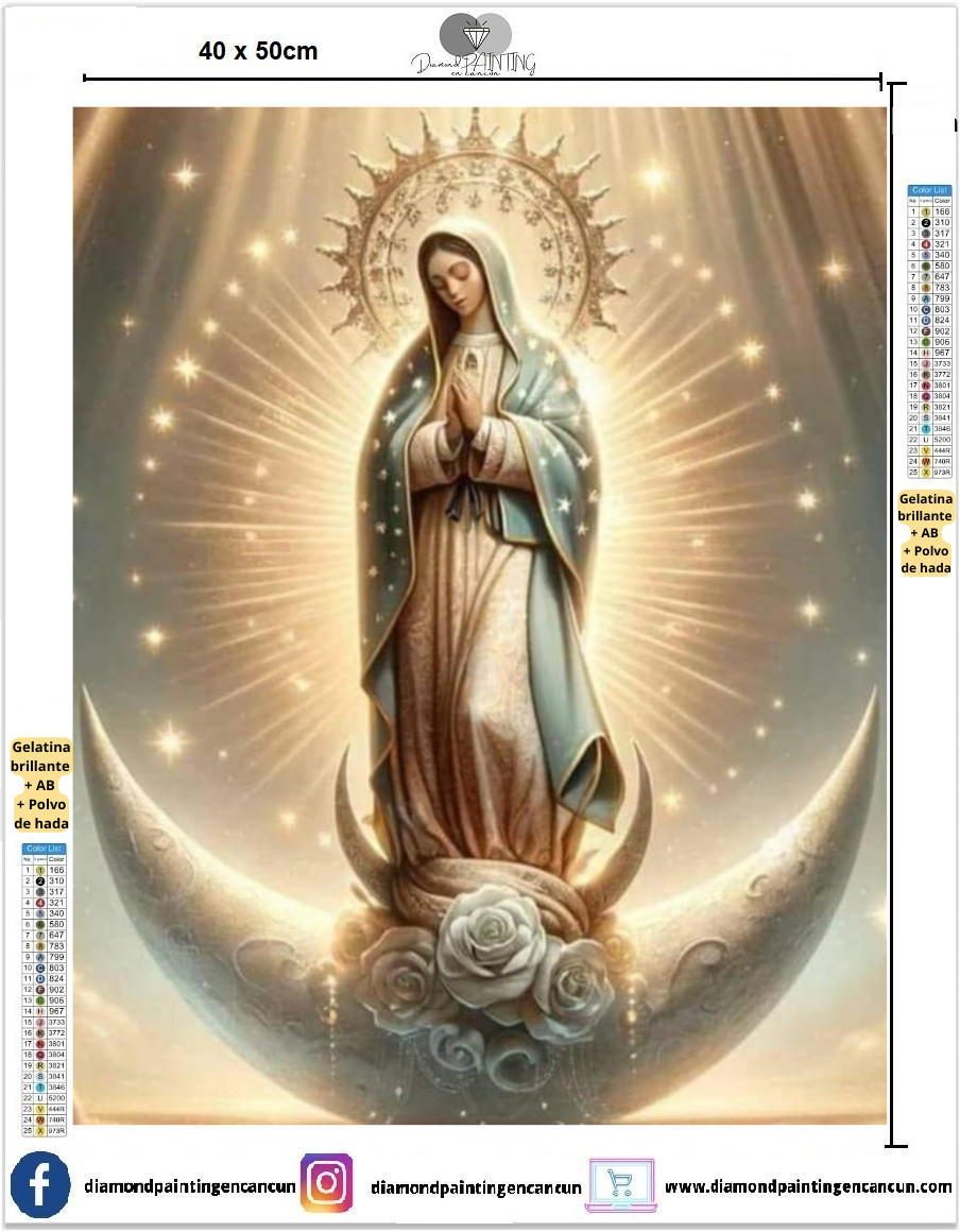 Virgen sobre luna 40 x 50 contiene Diamante gelatina brillante en la oscuridad, ab y polvo de hada