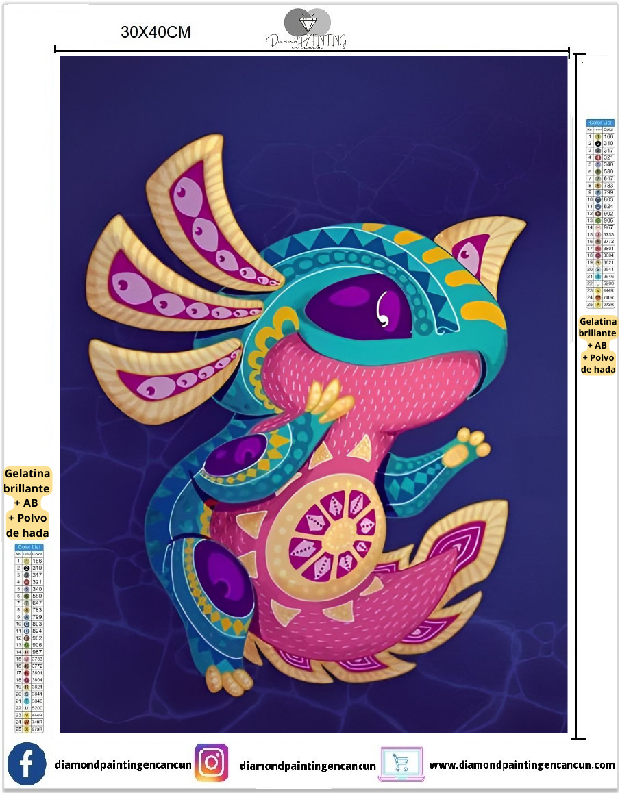 Ajolote 30 x 40 contiene DIAMANTE GELATINA BRILLANTE EN LA OSCURIDAD, AB Y POLVO DE HADA