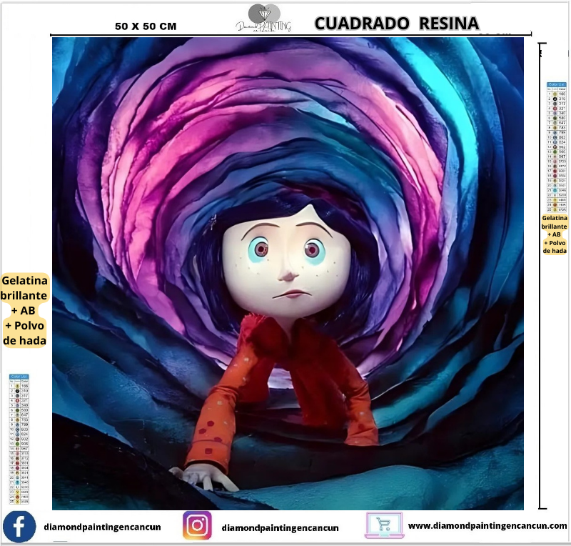 Coraline 50 x 50 Contiene DIAMANTES DE RESINA: GELATINA BRILLANTE EN LA OSCURIDAD, AB Y POLVO DE HADA