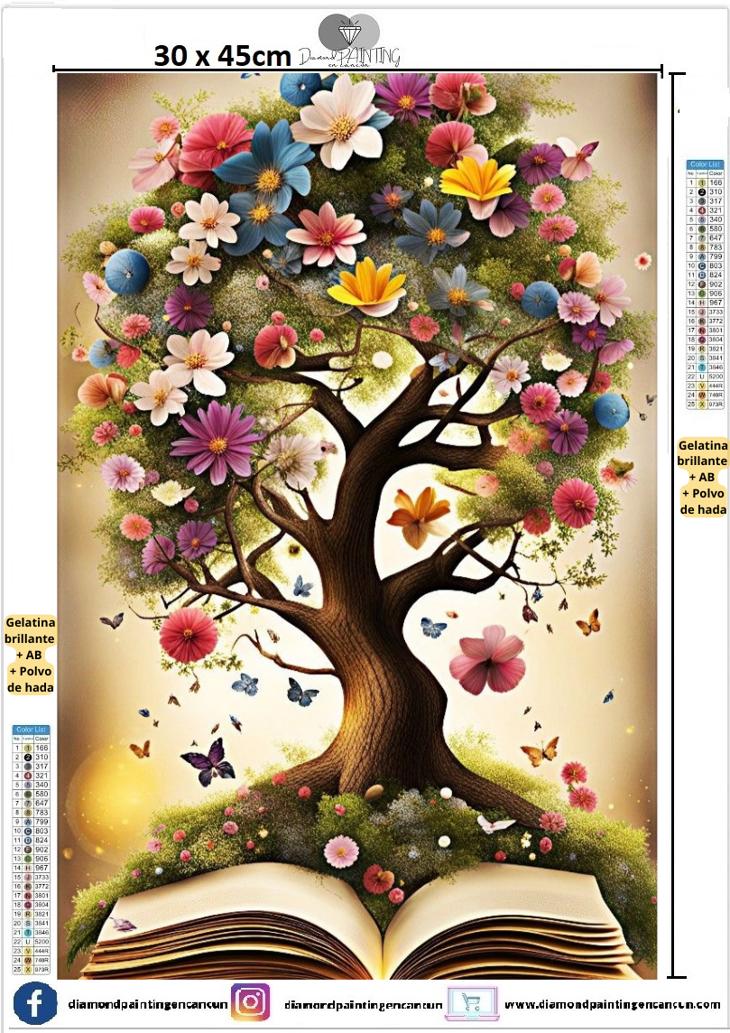 Árbol con libro 30 x 45 DIAMANTE GELATINA BRILLANTE EN LA OSCURIDAD, AB Y POLVO DE HADA