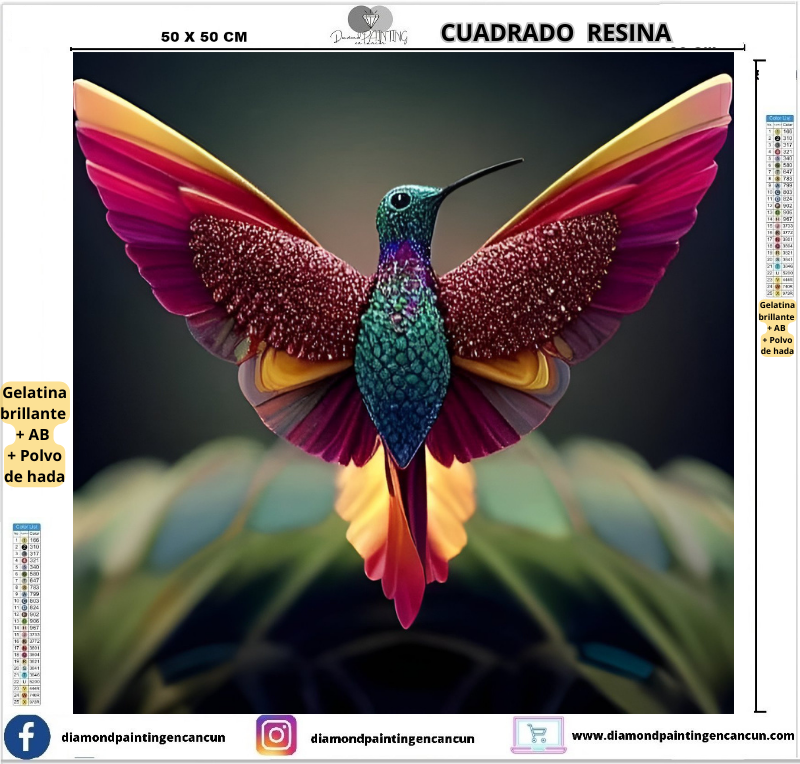 Colibrí 50 x 50 Contiene DIAMANTES DE RESINA: GELATINA BRILLANTE EN LA OSCURIDAD, AB Y POLVO DE HADA
