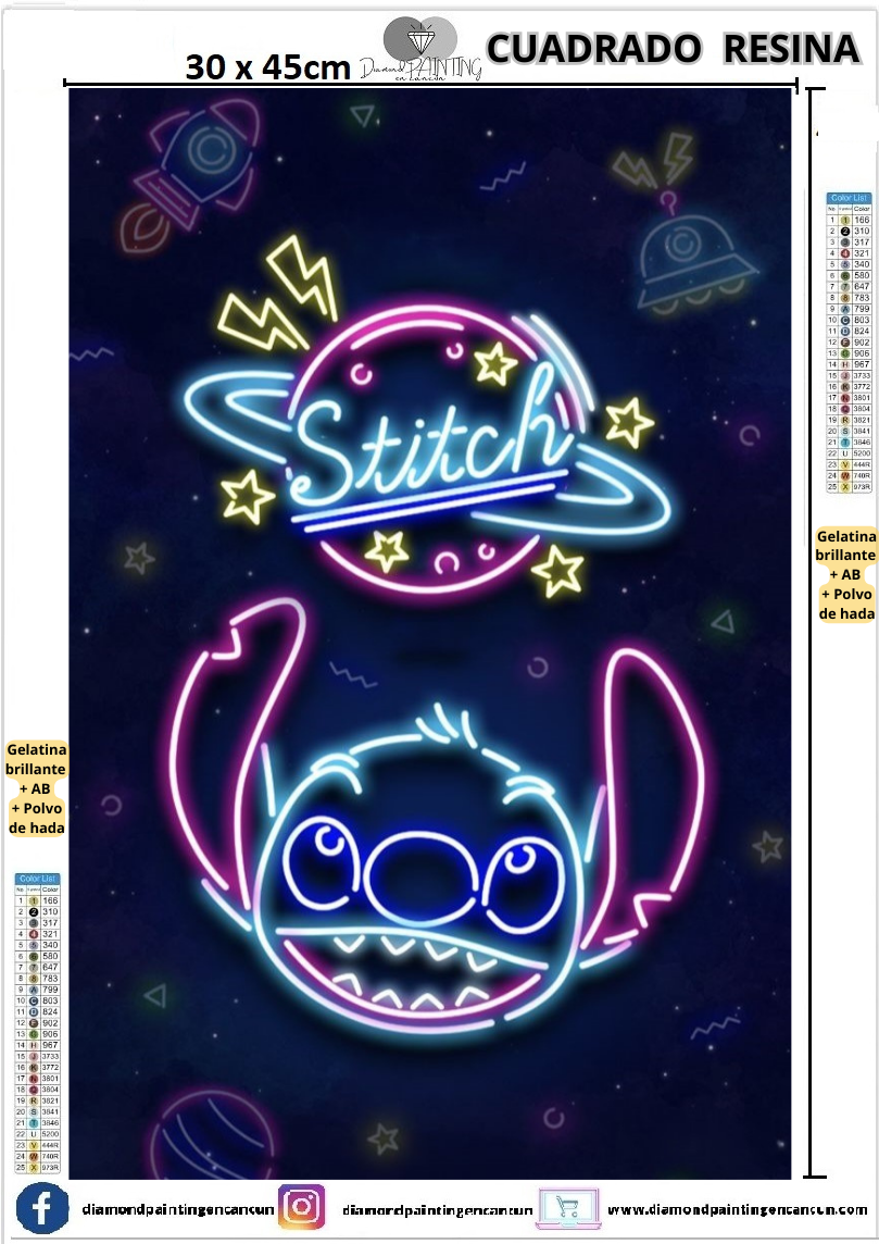 Stitch 30 x 45 Contiene DIAMANTES DE RESINA: GELATINA BRILLANTE EN LA OSCURIDAD, AB Y POLVO DE HADA