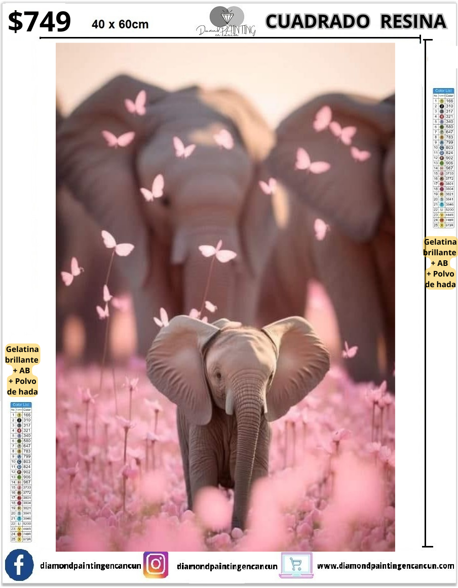 Elefantes 40 x 60cm Contiene DIAMANTES DE RESINA: GELATINA BRILLANTE EN LA OSCURIDAD, AB Y POLVO DE HADA