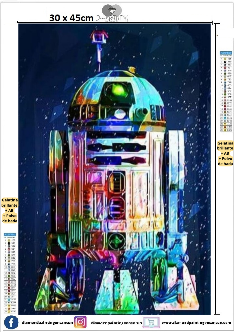 R2D2 30 x 45 contiene DIAMANTE GELATINA BRILLANTE EN LA OSCURIDAD, AB Y POLVO DE HADA