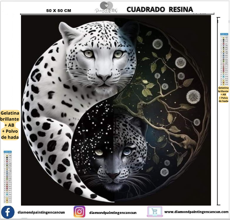Leopardo 50 x 50 Contiene DIAMANTES DE RESINA: GELATINA BRILLANTE EN LA OSCURIDAD, AB Y POLVO DE HADA