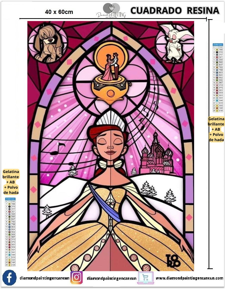 Princesa 40 x 60 Contiene DIAMANTES DE RESINA: GELATINA BRILLANTE EN LA OSCURIDAD, AB Y POLVO DE HADA