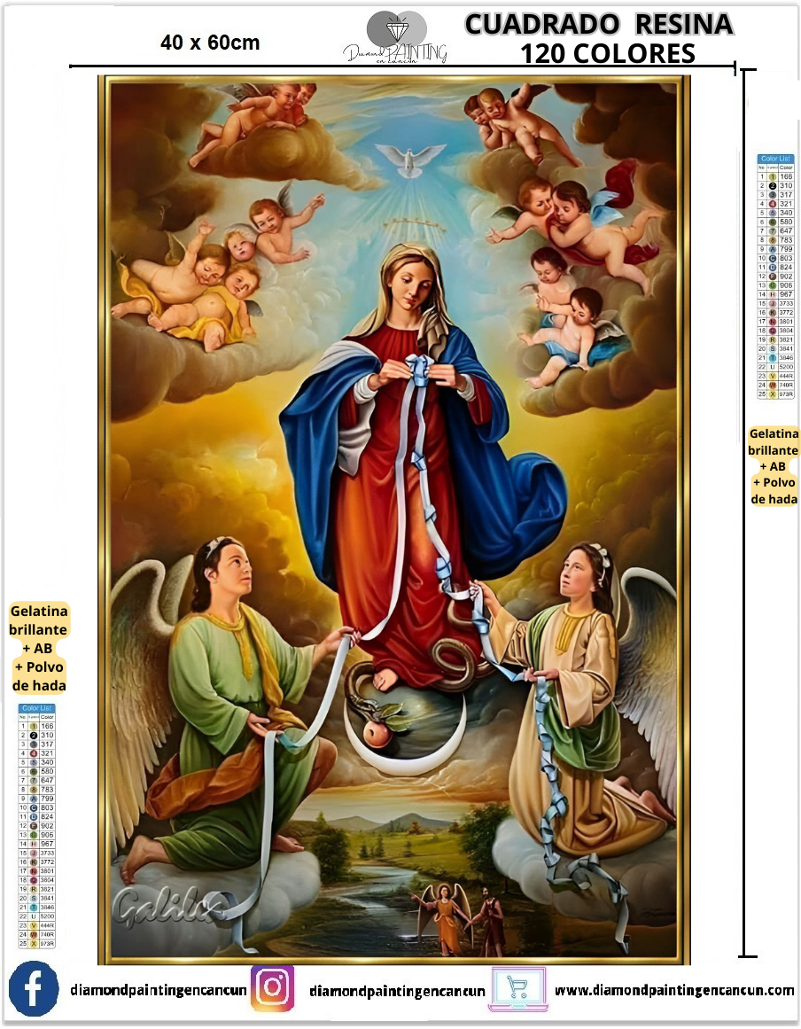 Virgen desatadora de nudos 40 x 60 Contiene 120 DIAMANTES DE RESINA: GELATINA BRILLANTE EN LA OSCURIDAD, AB Y POLVO DE HADA